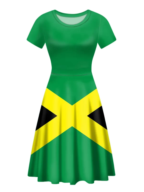 Women Casual Dress Summer Jamaica Flag Print Loose Swing Short Sleeve Knee Length V Neck Elegant Tunic Dress