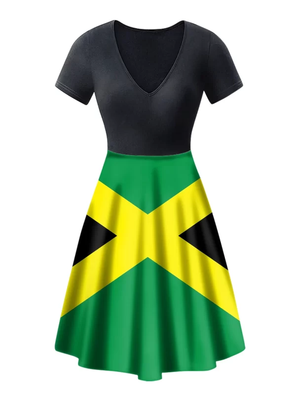 Women Casual Dress Summer Jamaica Flag Print Loose Swing Short Sleeve Knee Length V Neck Elegant Tunic Dress - Image 2