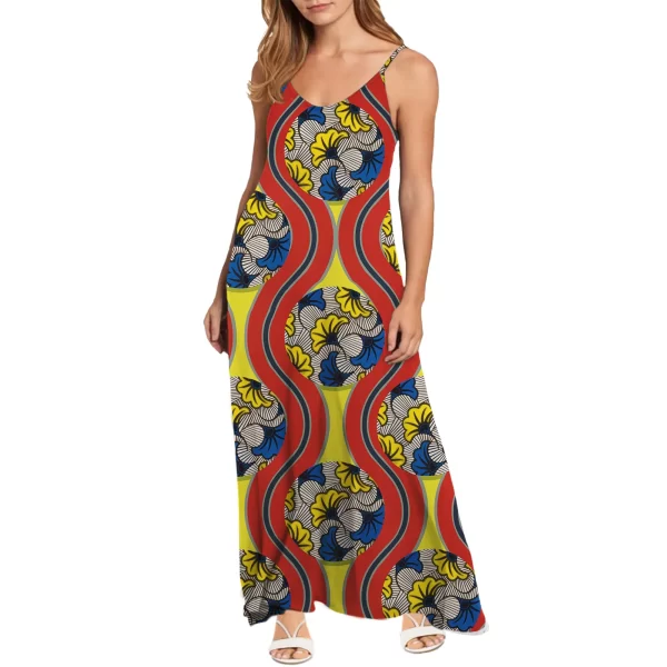 Ankara Africa Print Kente Women Casual Loose Bohemian Floral Print Dresses Spaghetti Strap Long Maxi Summer Beach Swing Dress - Image 3