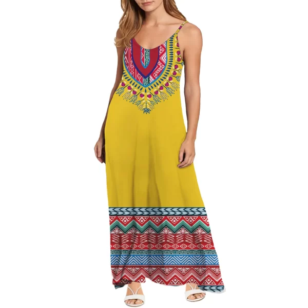 Ankara Africa Print Kente Women Casual Loose Bohemian Floral Print Dresses Spaghetti Strap Long Maxi Summer Beach Swing Dress