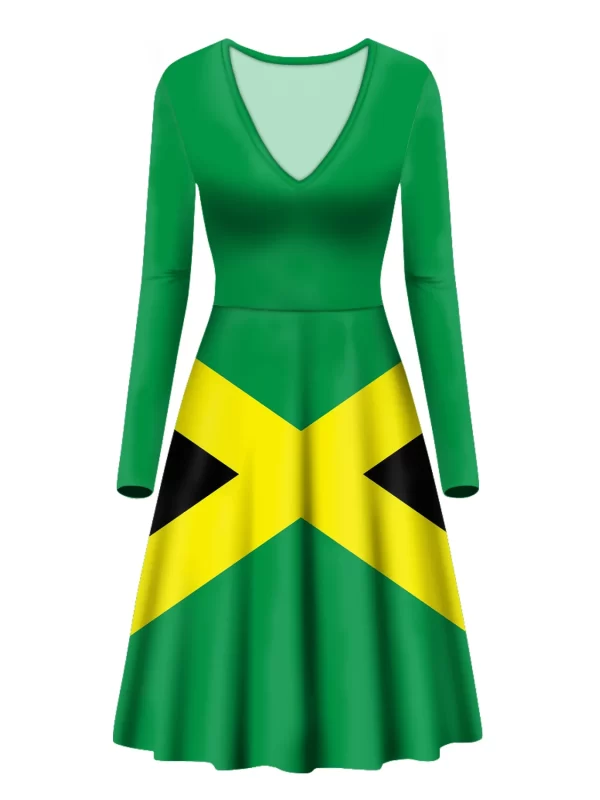 Women Casual Dress Summer Jamaica Flag Print Loose Swing Short Sleeve Knee Length V Neck Elegant Tunic Dress - Image 3